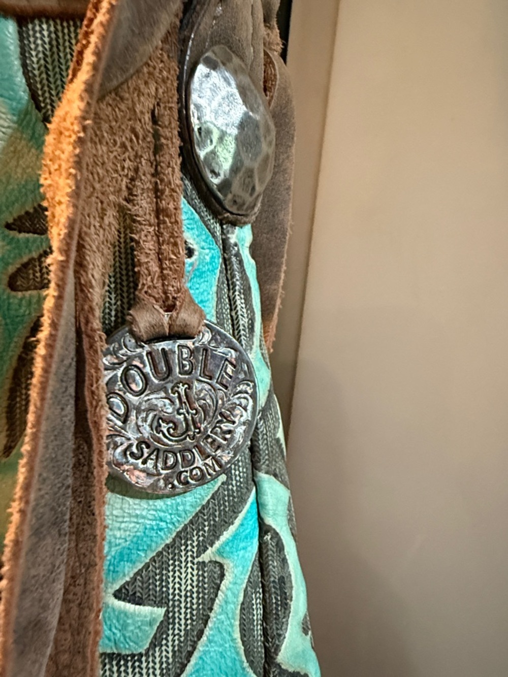 Turquoise Patterned Shoulder Bag with Tan Suede Trim - Picture 2 of 3